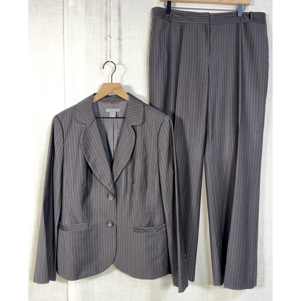 Ann Taylor Women's Sz 16‎ 14 Wool Pants Blazer 2 pc Suit Set Brown Pinstripe
